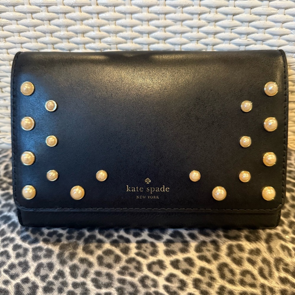 Kate Spade Irene Pearl Leather Clutch Black Gold Crossbody Bag Studded Design